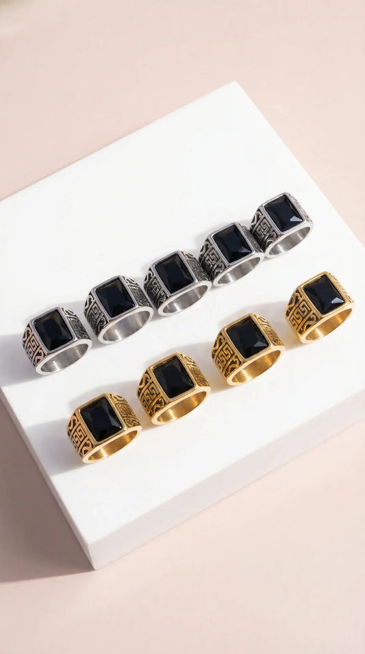 Stainless Steel Men's Square Black Stone Signet Ring