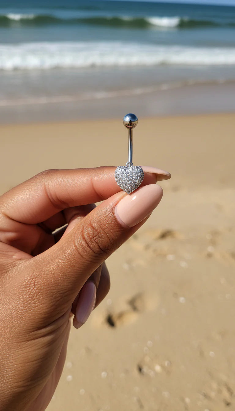 Waterproof Gold Plated Heart Shaped Mirco Pavé Stainless Steel Crystal Belly Bar