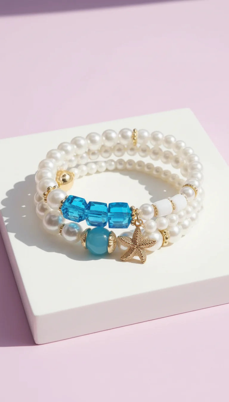 Starfish Gold Charm Ceramic Beaded Bracelet Set