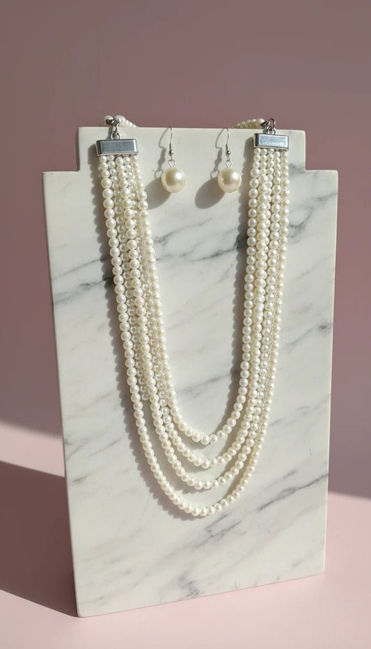 Pearl Multi Layer Necklace & Earrings Set