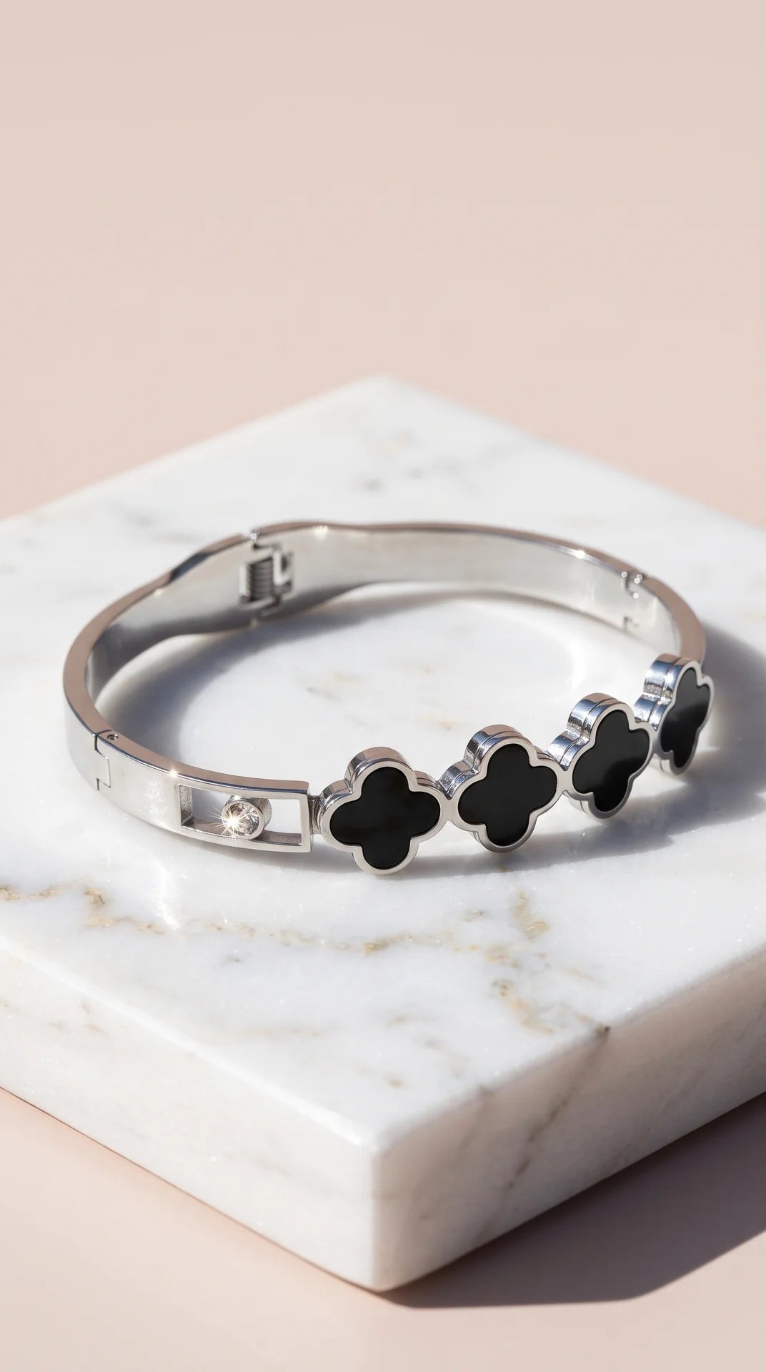 Clover Black Stone Cuff Bracelet – Gold & Silver Tone
