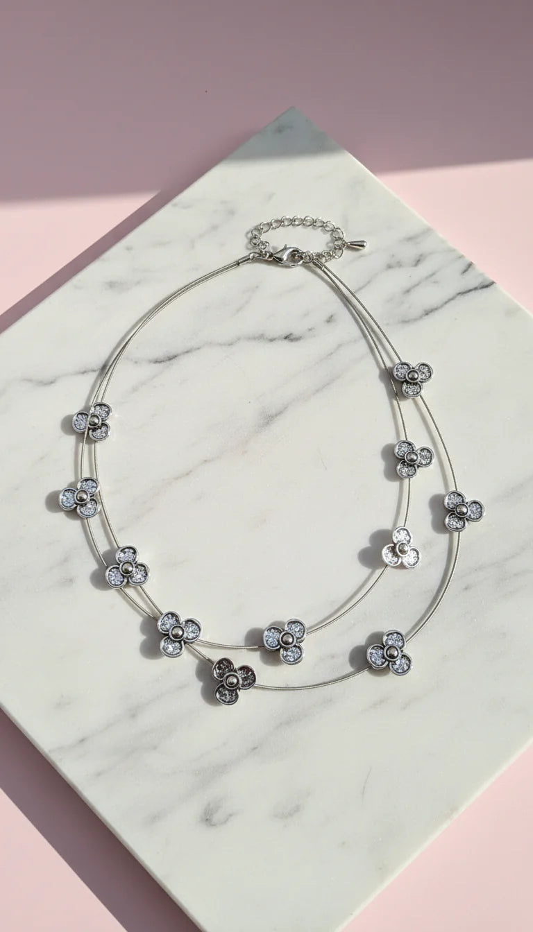 Layered Flower Silver Statement Necklace