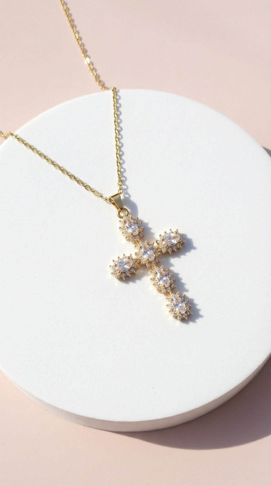 Oval Crystal Gold Cross Symbolic Stainless Steel Necklace