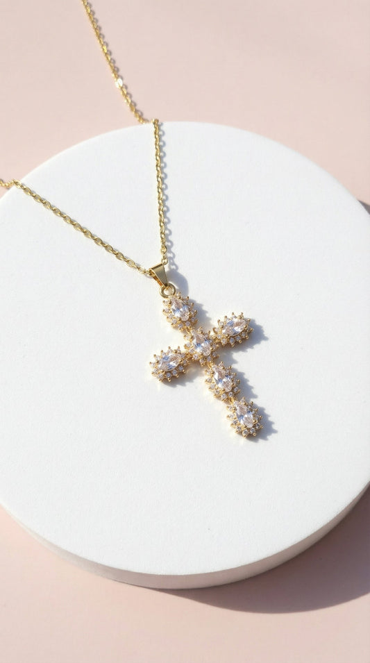 Waterproof Oval Crystal Gold Cross Symbolic Stainless Steel Necklace