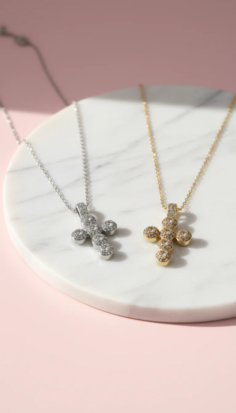 Stainless Steel Oval Crystal Cross Necklace