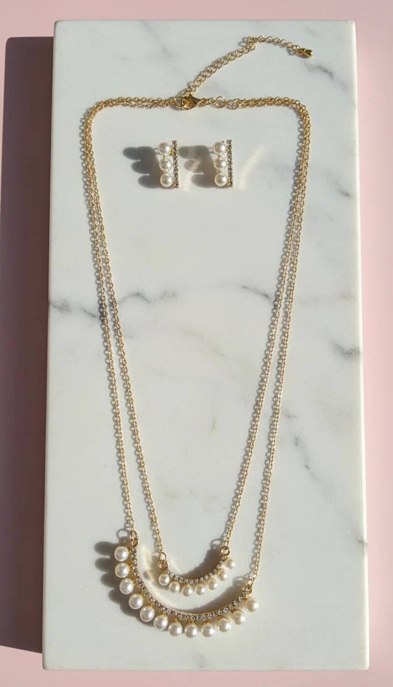 Curved Crystal Pearl Pendant Necklace & Earring Set
