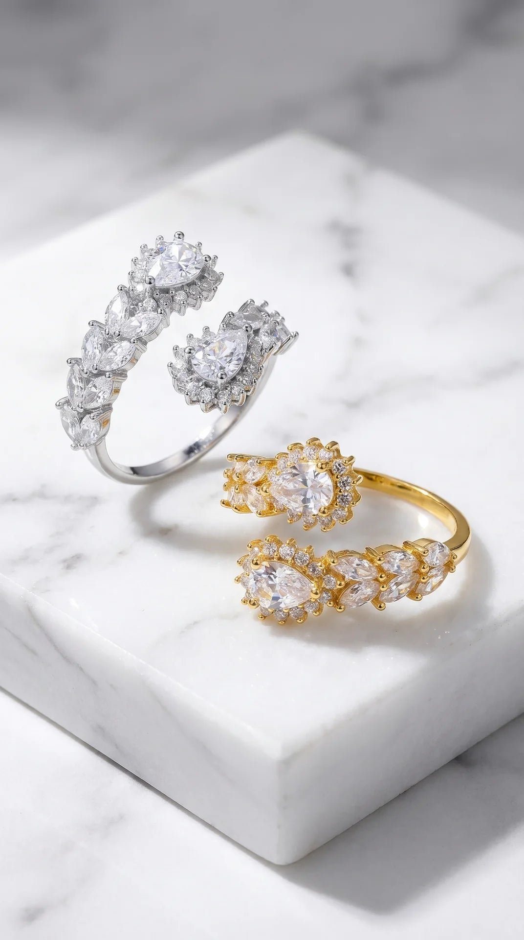 Box Of 12 Crystal Free Size Gold Plated Adjustable Statement Rings