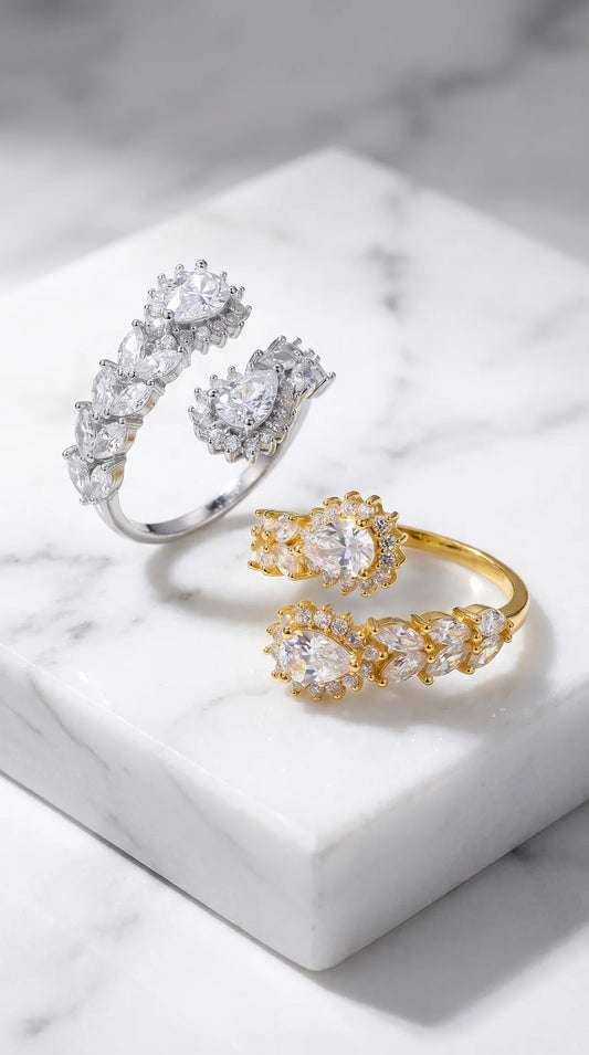 Box Of 12 Crystal Free Size Gold Plated Adjustable Statement Rings