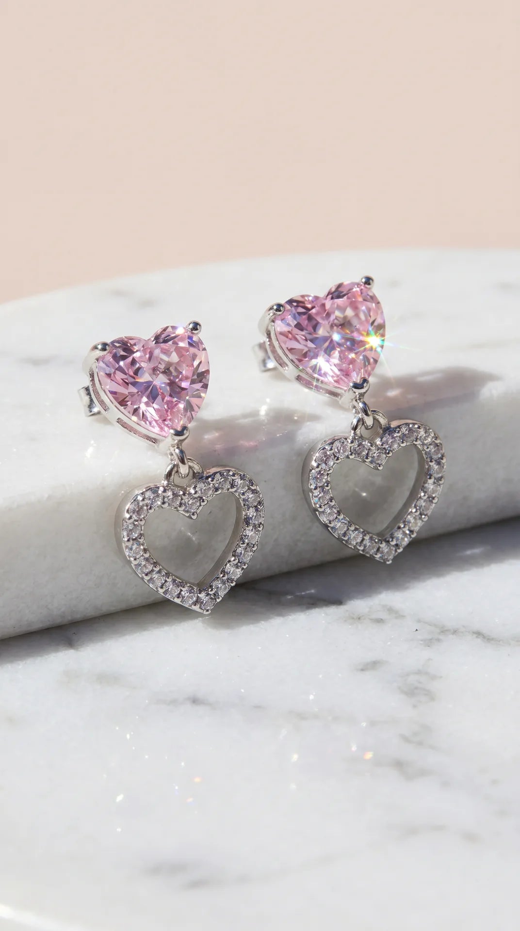 Pink Crystal Heart Gold Plated Drop & Dangle Earrings