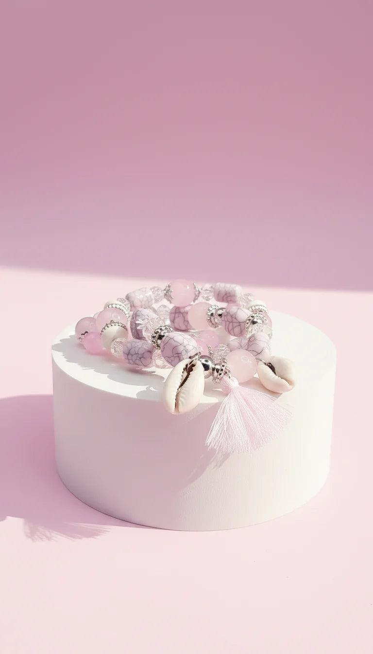 Shell & Tassel Charm Ceramic Beaded Bracelet Set