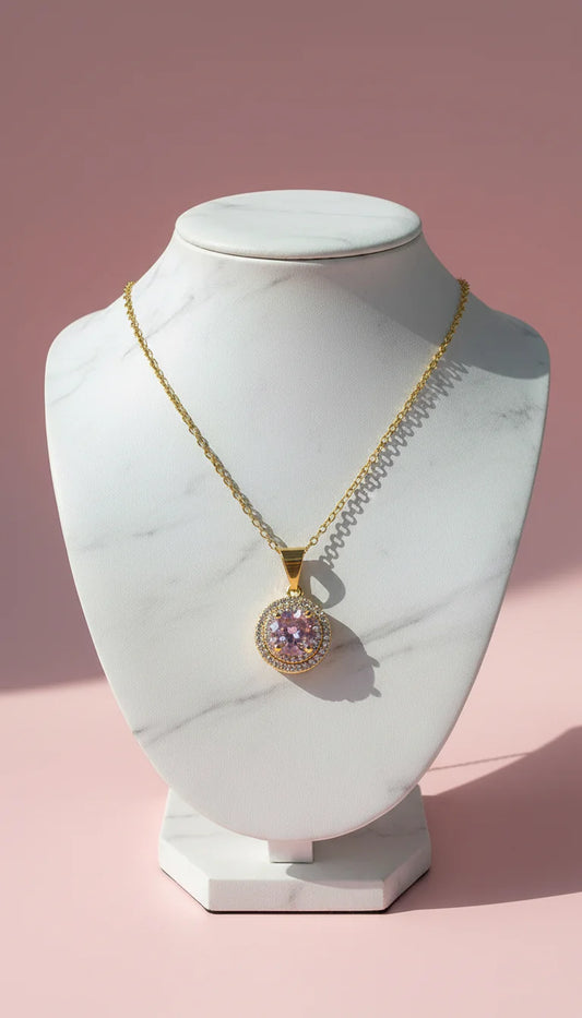 Round Cut Pink Crystal Pendant Necklace