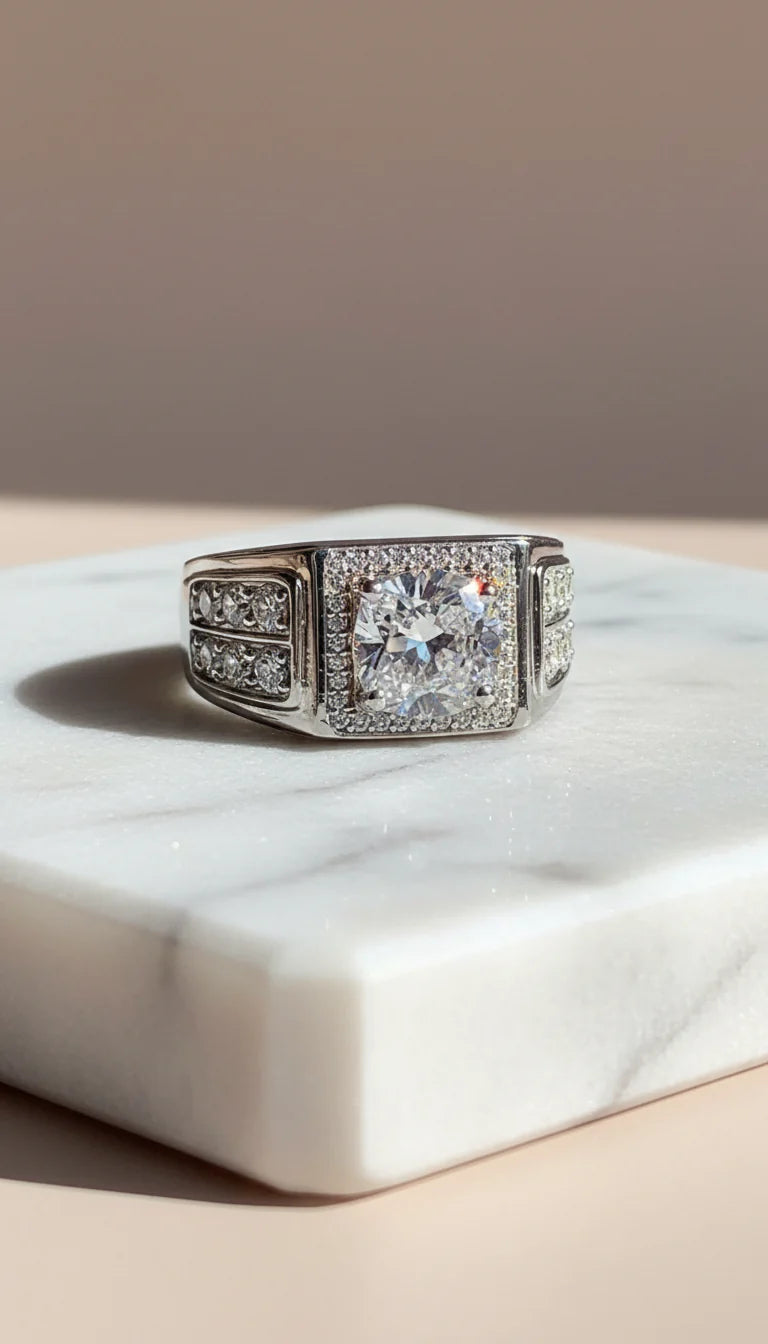 Men’s Stainless Steel Square Crystal Statement Ring