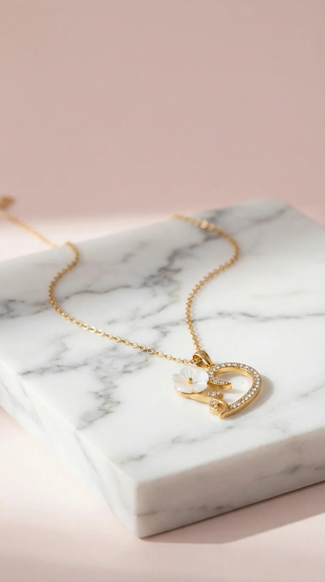 Heart & Flower Crystal Pendant Stainless Steel Gold Plated Necklace