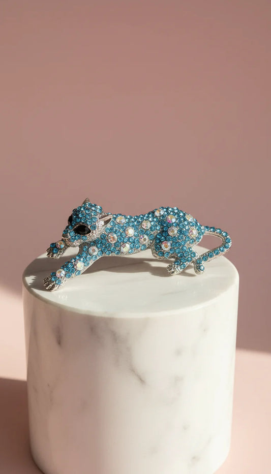 Blue Leopard Crystal Brooch Pin