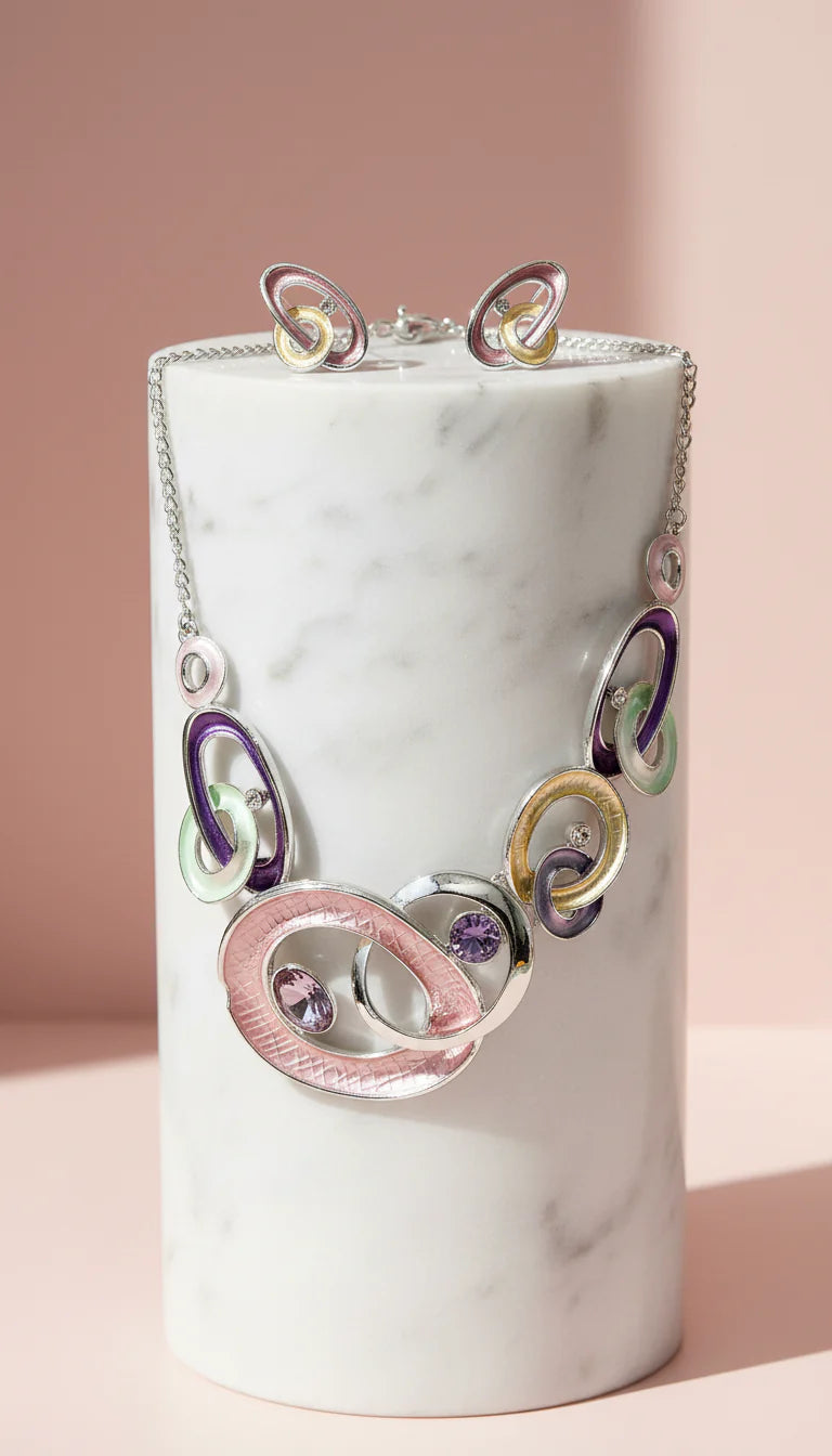 Abstract Oval Crystal Necklace & Earrings Set