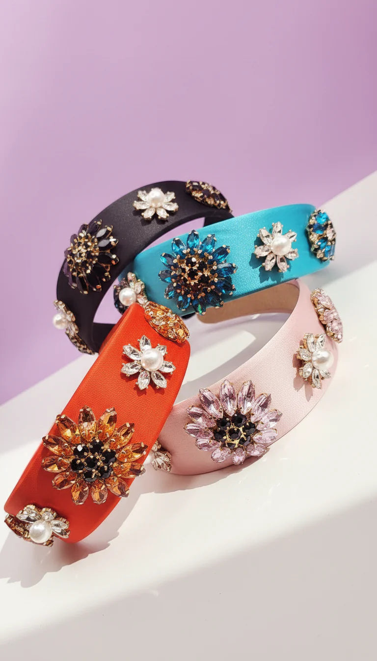 Crystal Flower & Pearls Satin Hair band