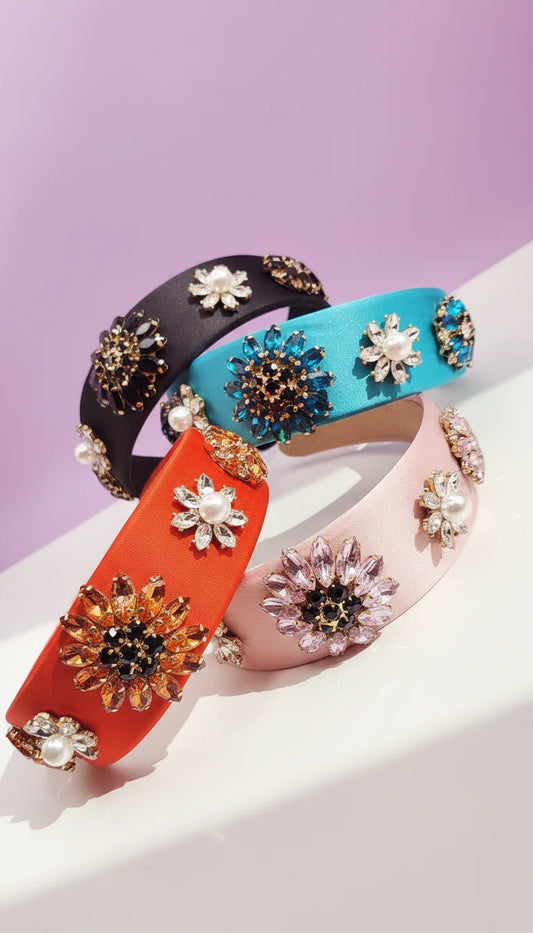 Crystal Flower & Pearls Satin Hair band