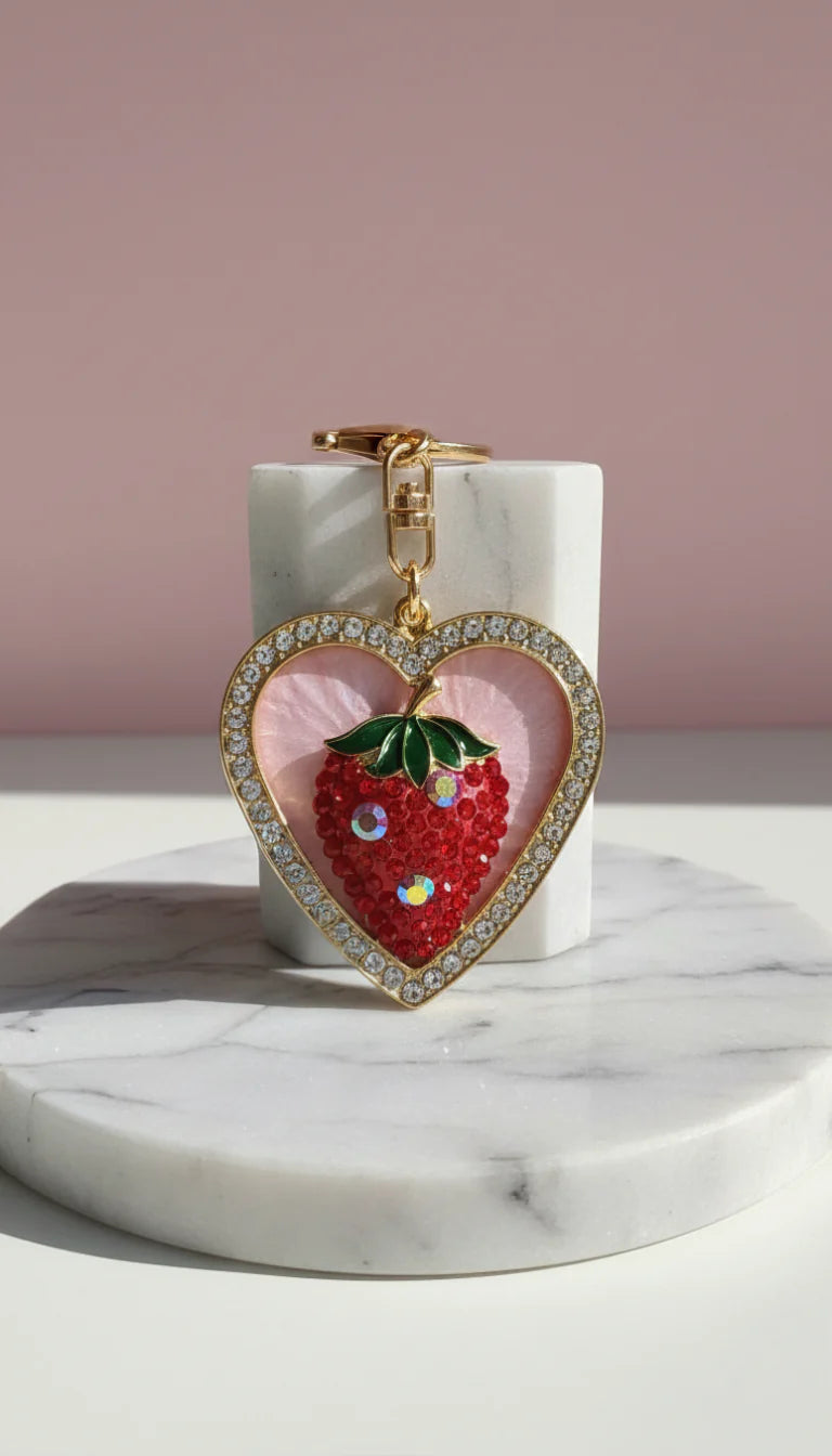 Strawberry Heart Crystal Key Ring & Bag Charm