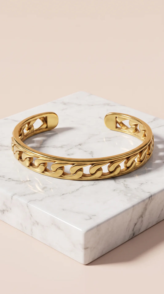Unisex Curb Chain Gold Plated Cuff Bangle