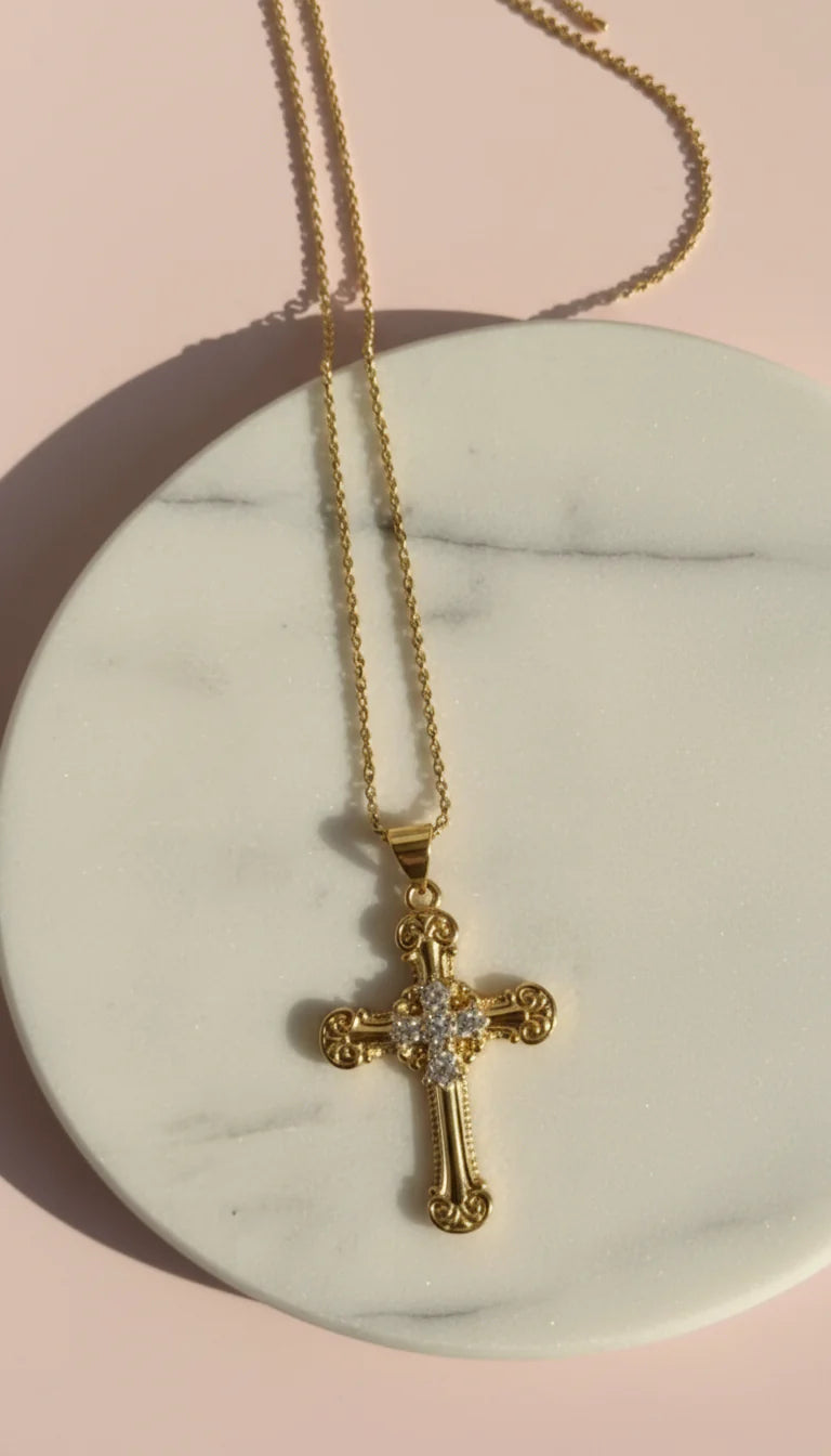 Waterproof Inlaid Crystal Cross Gold Plated Necklace