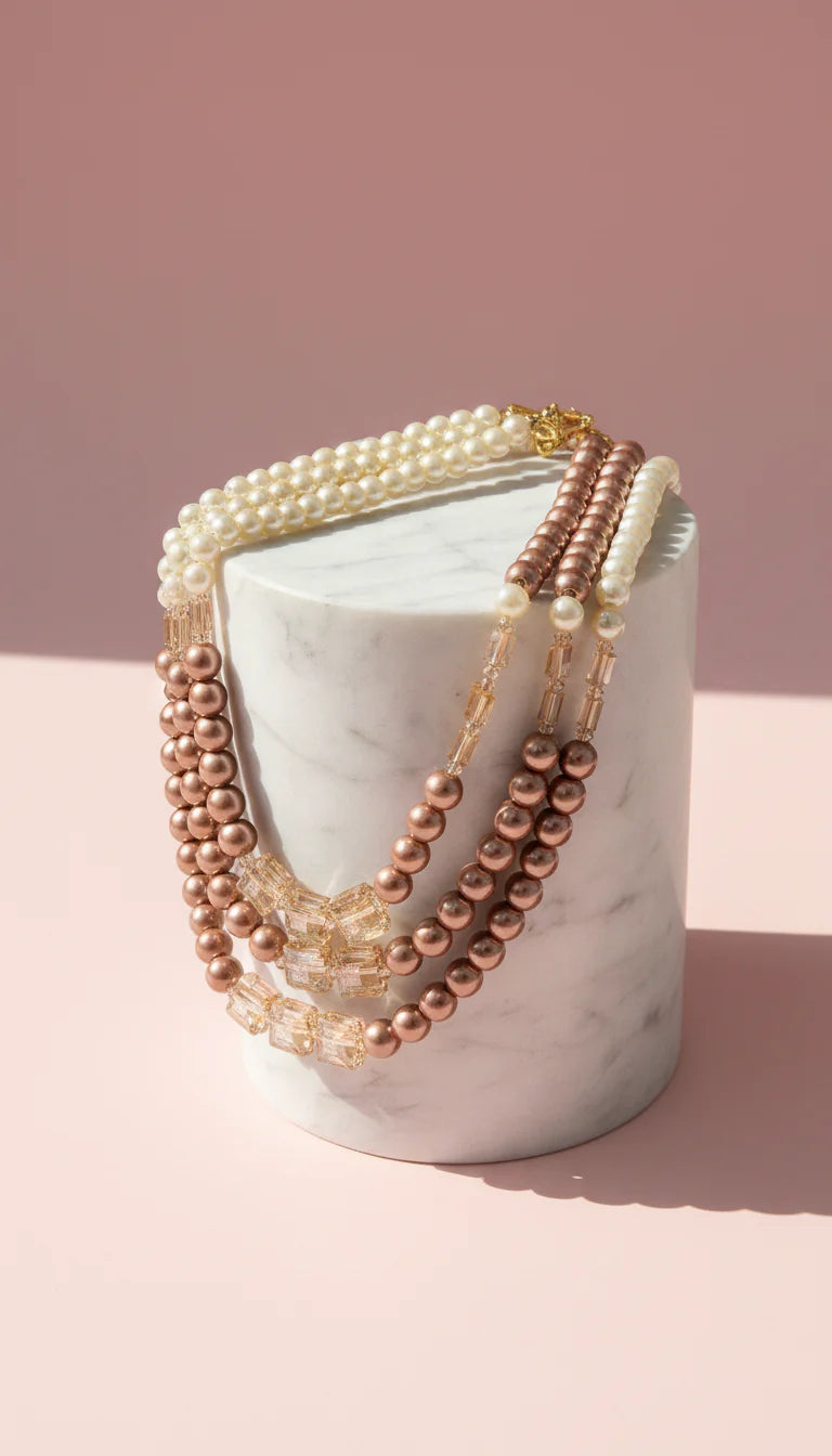 Square Crystal & Pearl Multi Layer Necklace & Earrings Set