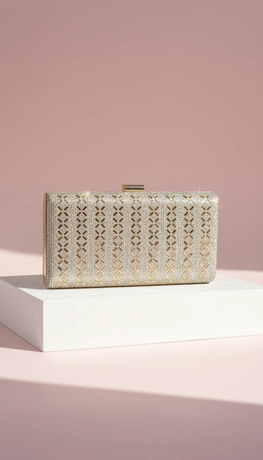 Gold Criss Cross Crystal Box Clutch Bag