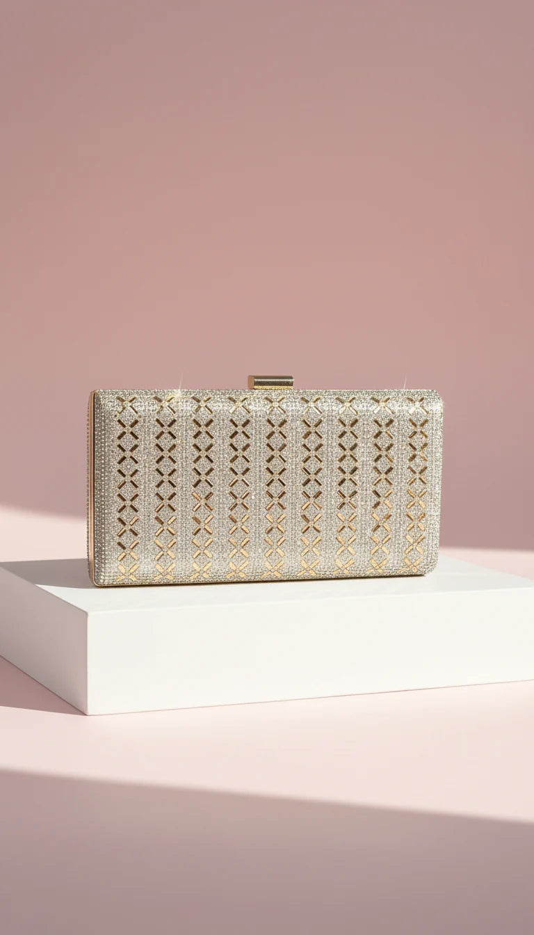 Gold Criss Cross Crystal Box Clutch Bag
