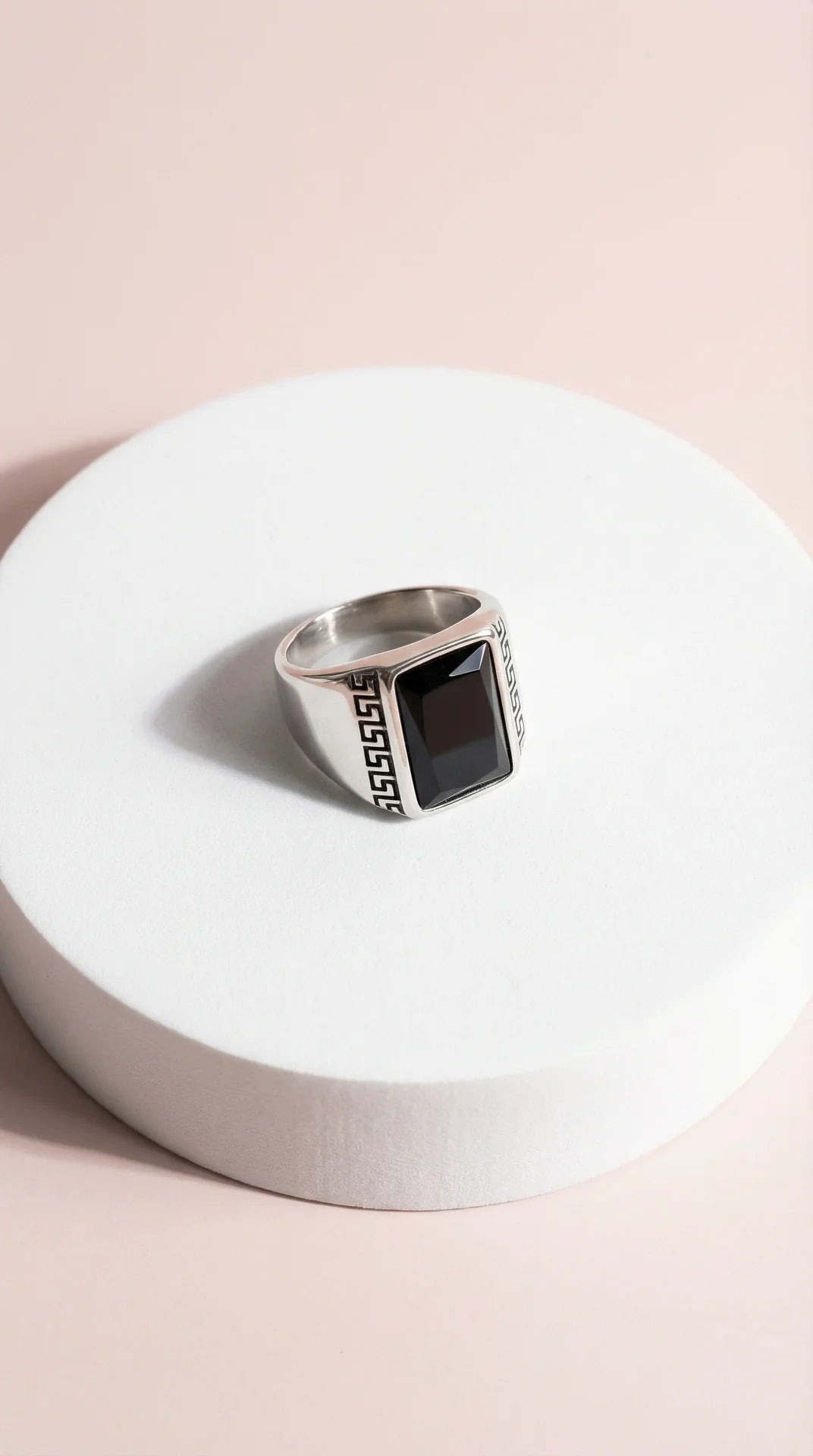 Stainless Steel Men's Greek Key Black Stone Signet Ring