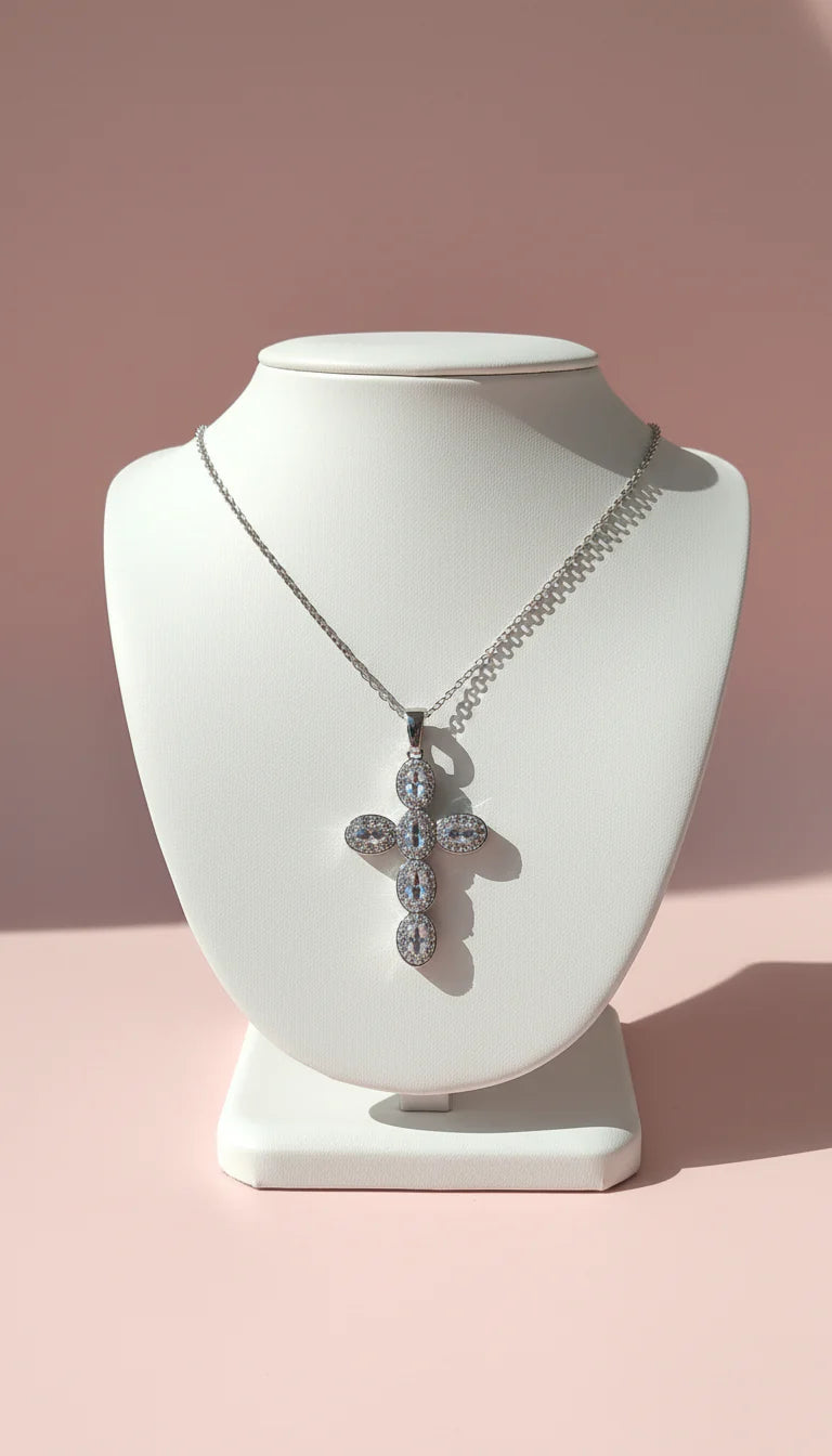 Oval Jeweled Crystal Cross Necklace Pendant