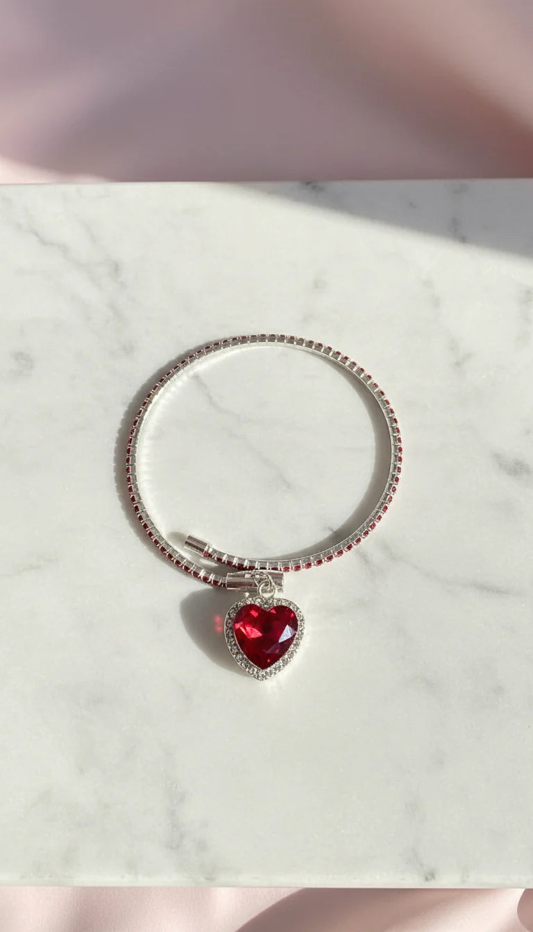 Wrap Around Heart Charm Free Size Crystal Cuff