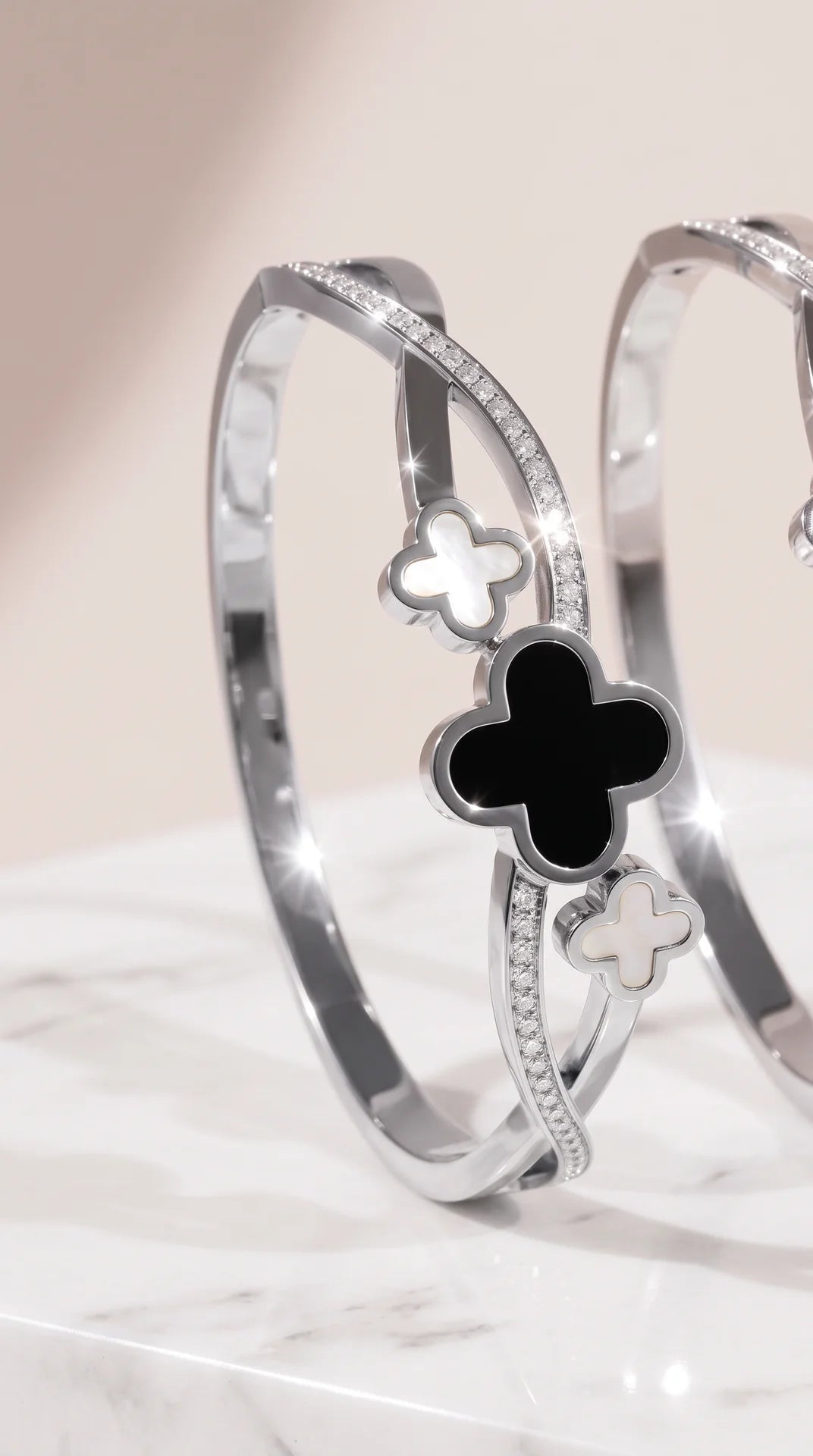 Clover Stainless Steel Gold Plated Crystal Bangle