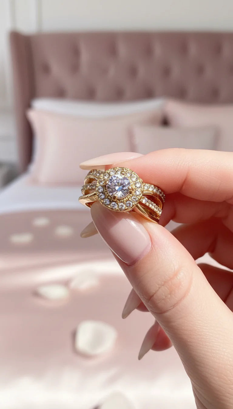 Box Set Of 12 Gold Round Cut Crystal Rings