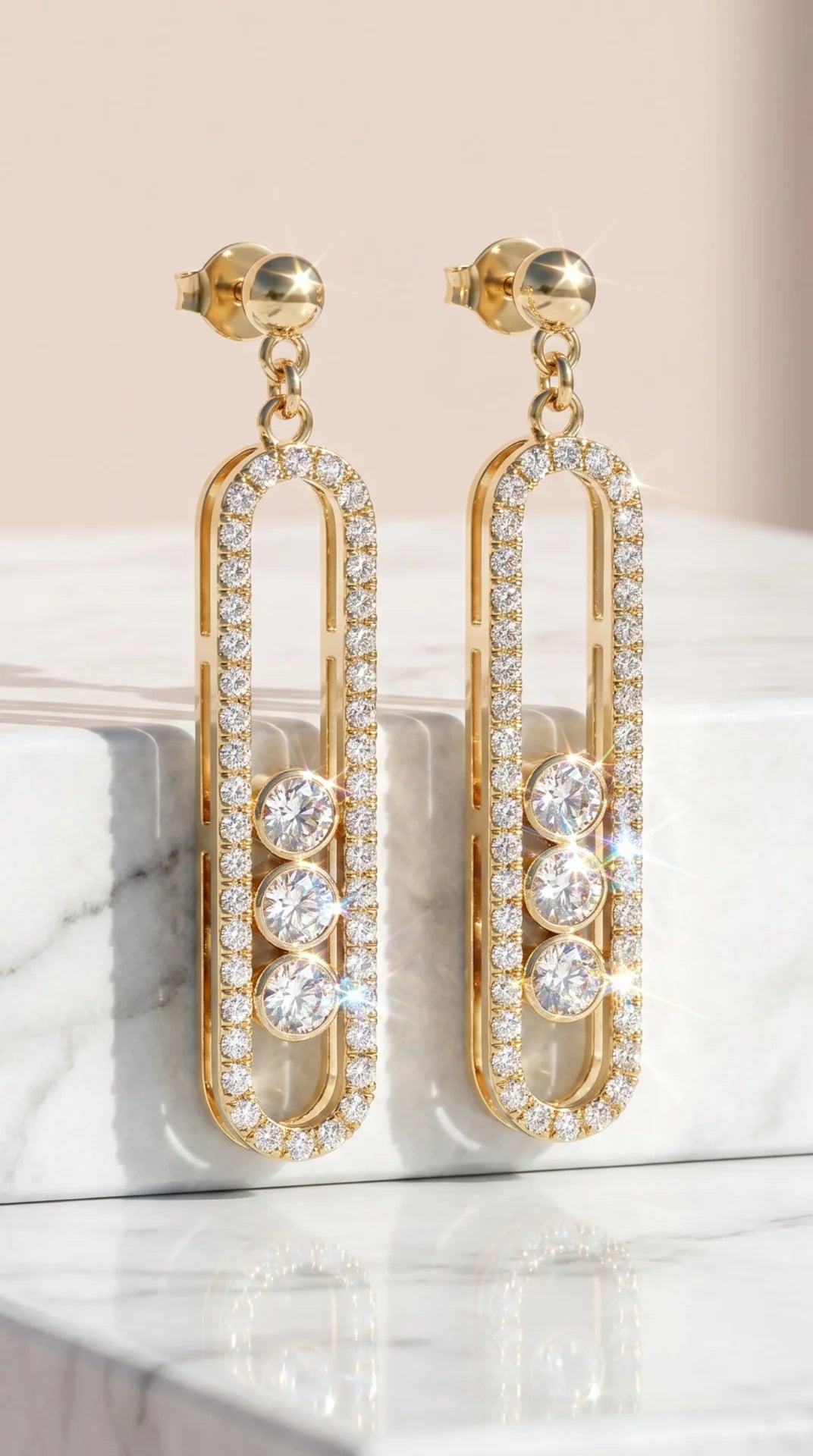 Oblong Crystal Drop & Dangle Gold Plated Earrings