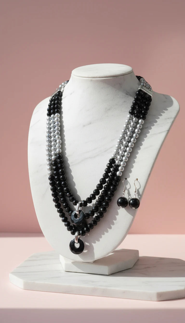 Pearl Multi Layerered Necklace & Earrings Set