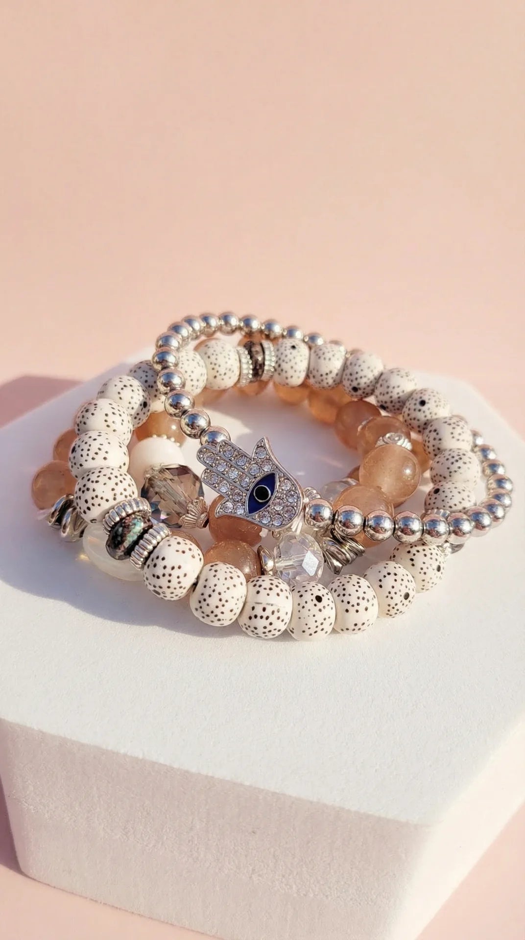 Hamsa Charm Ceramic Beaded Bracelet Set