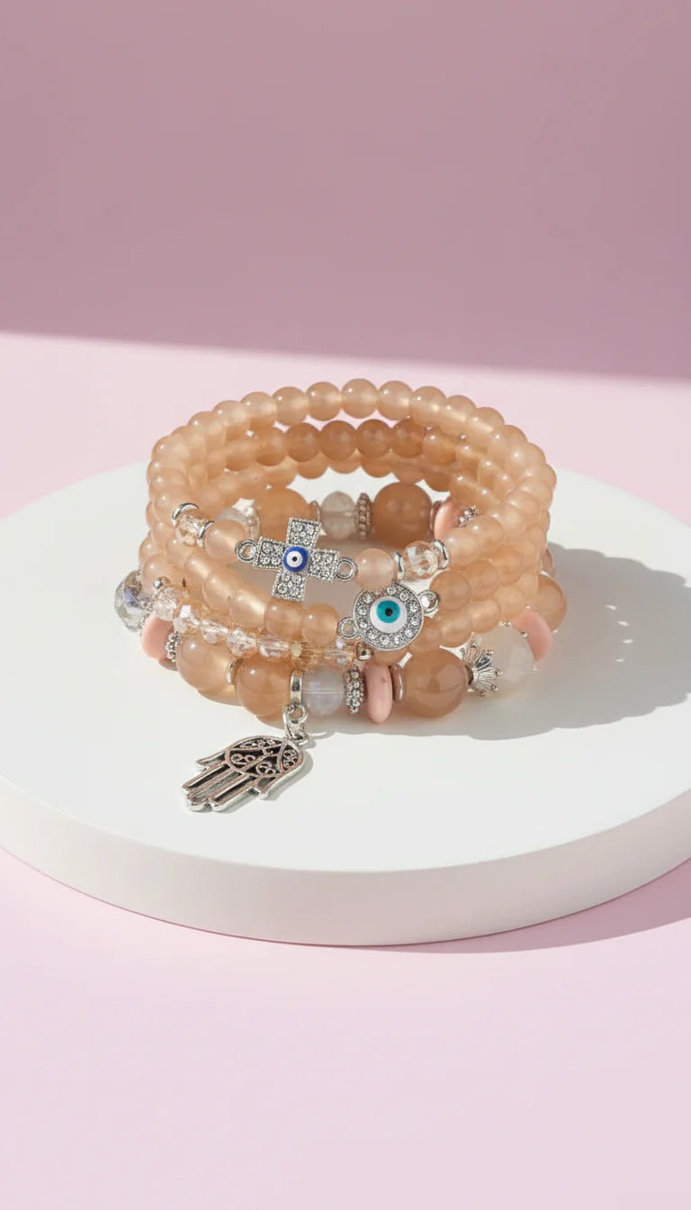 Evil Eye & Hamsa Silver Charm Ceramic Beaded Bracelet Set