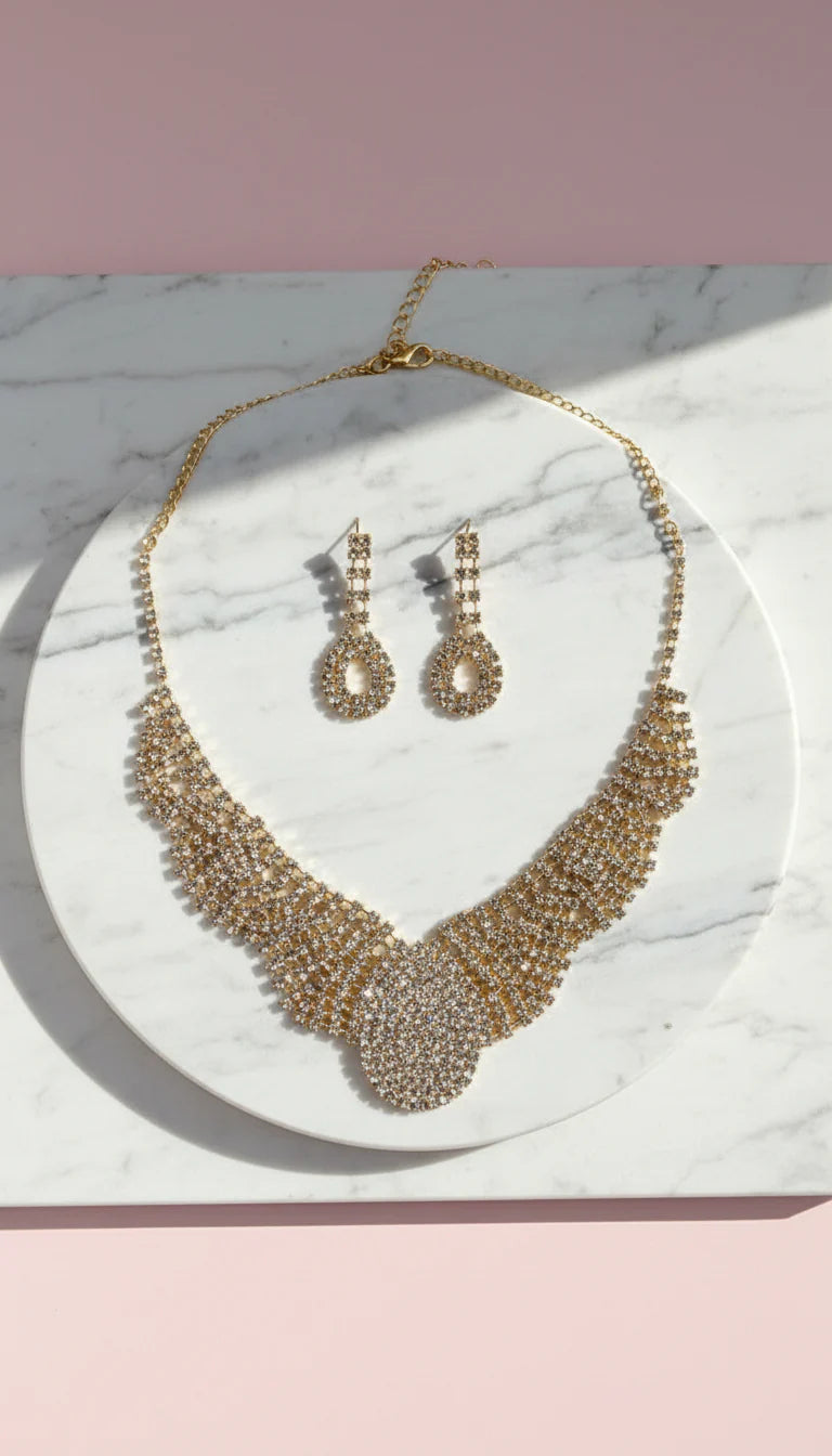Oval Crystal Collar Statement Necklace & Earrings Set