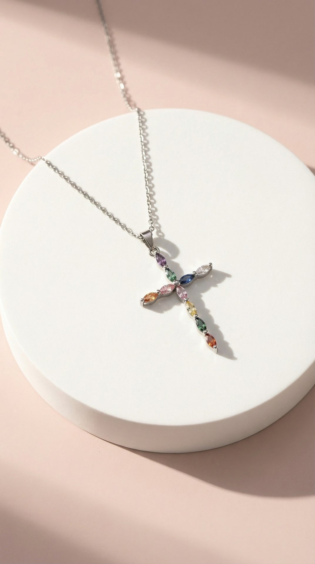 Rainbow Oval Crystal Cross Stainless Steel Necklace