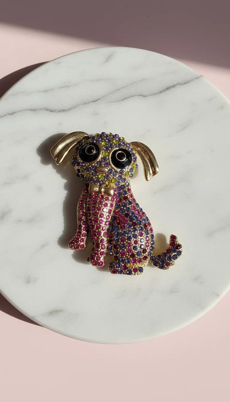 Crystal Puppy Dog & Bow Tie Oversized Statement Brooch Pin