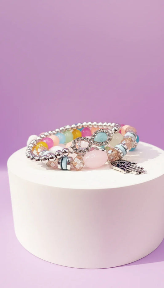 Bow & Hamsa Silver Charm Ceramic Beaded Bracelet Set