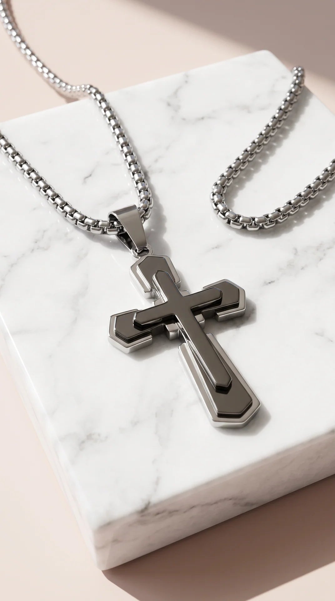 Stainless Steel Beveled Layered Cross Pendant Necklace