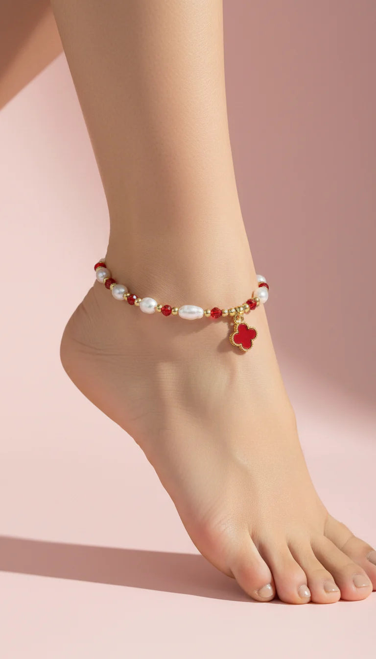 Clover & Pearl Beaded Pull Tie Anklet