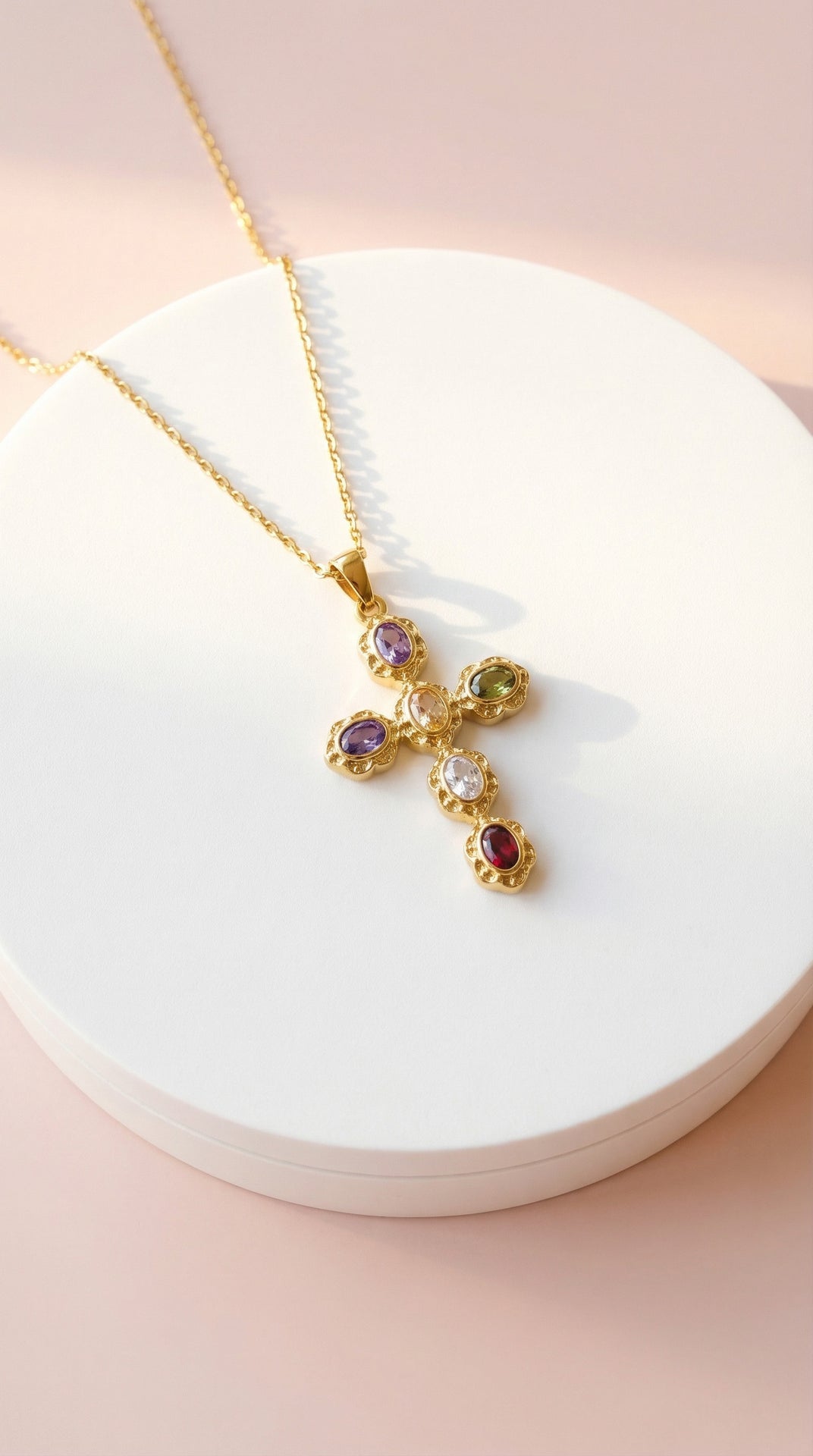 Rainbow Crystal Gold Cross Stainless Steel Necklace