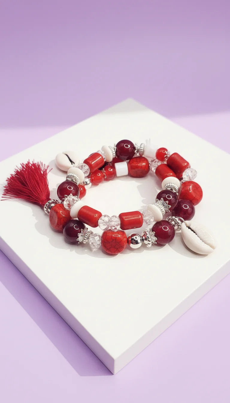 Shell & Tassel Charm Ceramic Beaded Bracelet Set