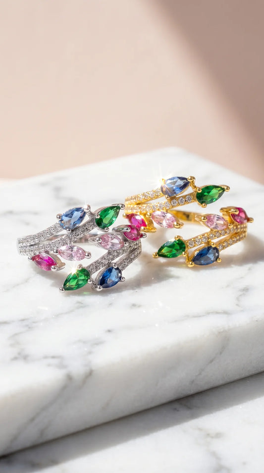 Box Of 12 Multicolor Crystal Free Size Gold Plated Adjustable Statement Rings
