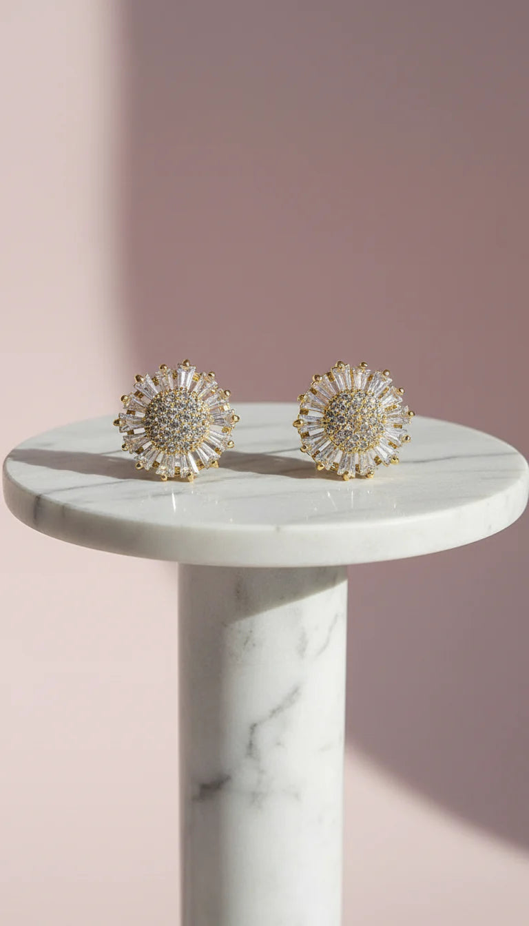 Gold Flower Crystal Stud Earrings