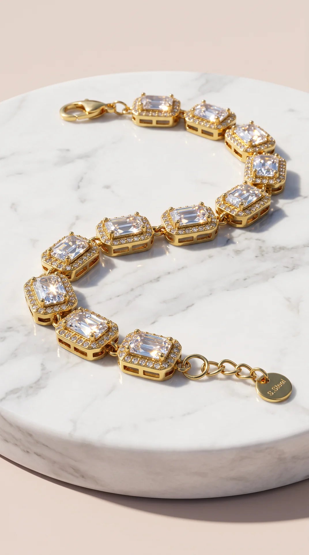 Gold Plated Emerald Cut Crystal Clear Tennis Bracelet