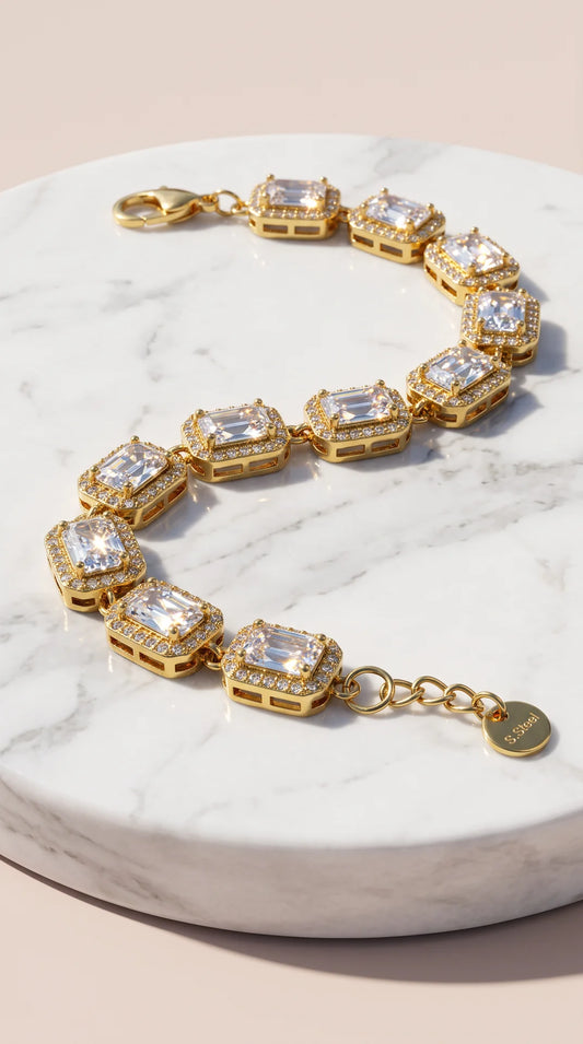 Gold Plated Emerald Cut Crystal Clear Tennis Bracelet