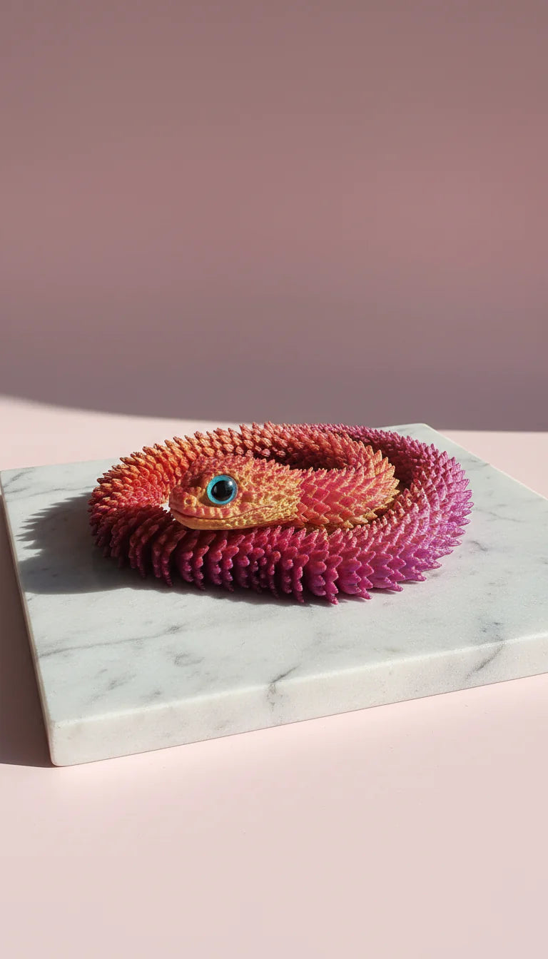 Multicolor snake toy figure on a marble against a pink background