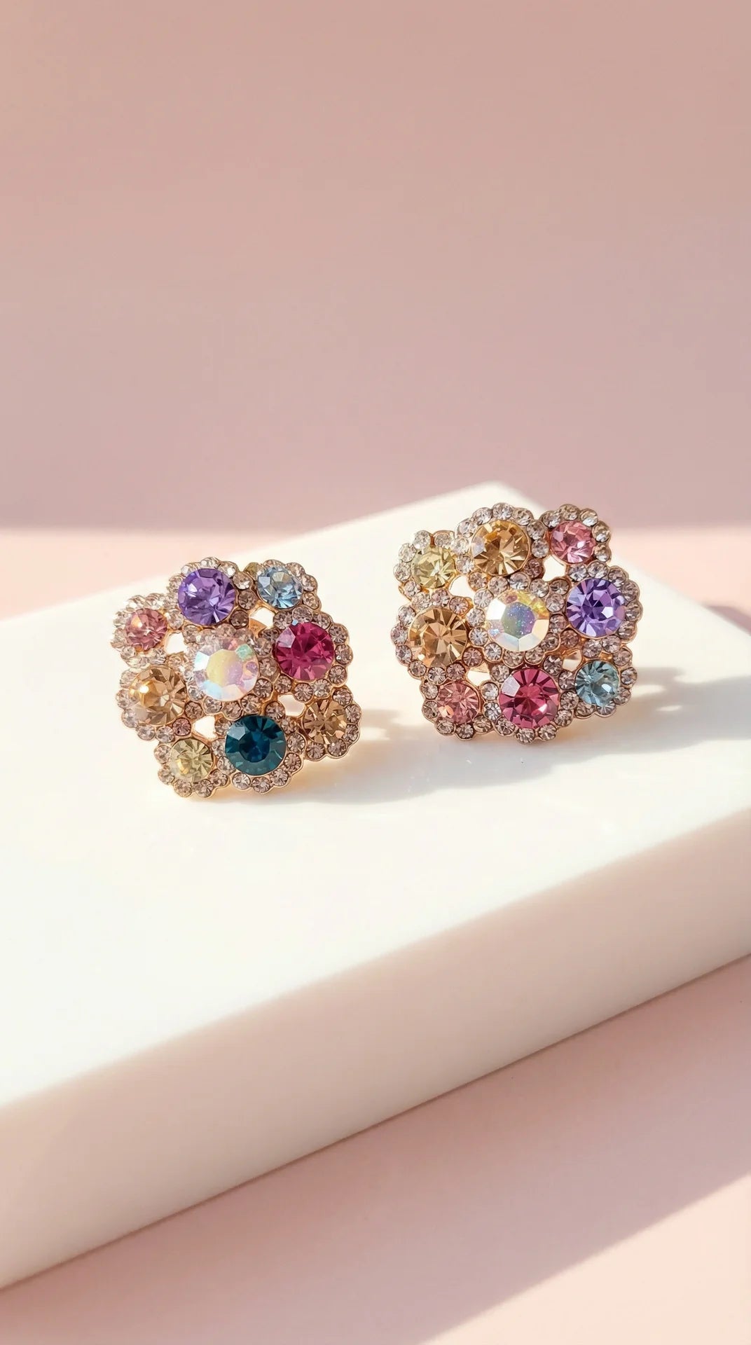 Rainbow Pastel Crystal Non Pierced Clip On Earrings